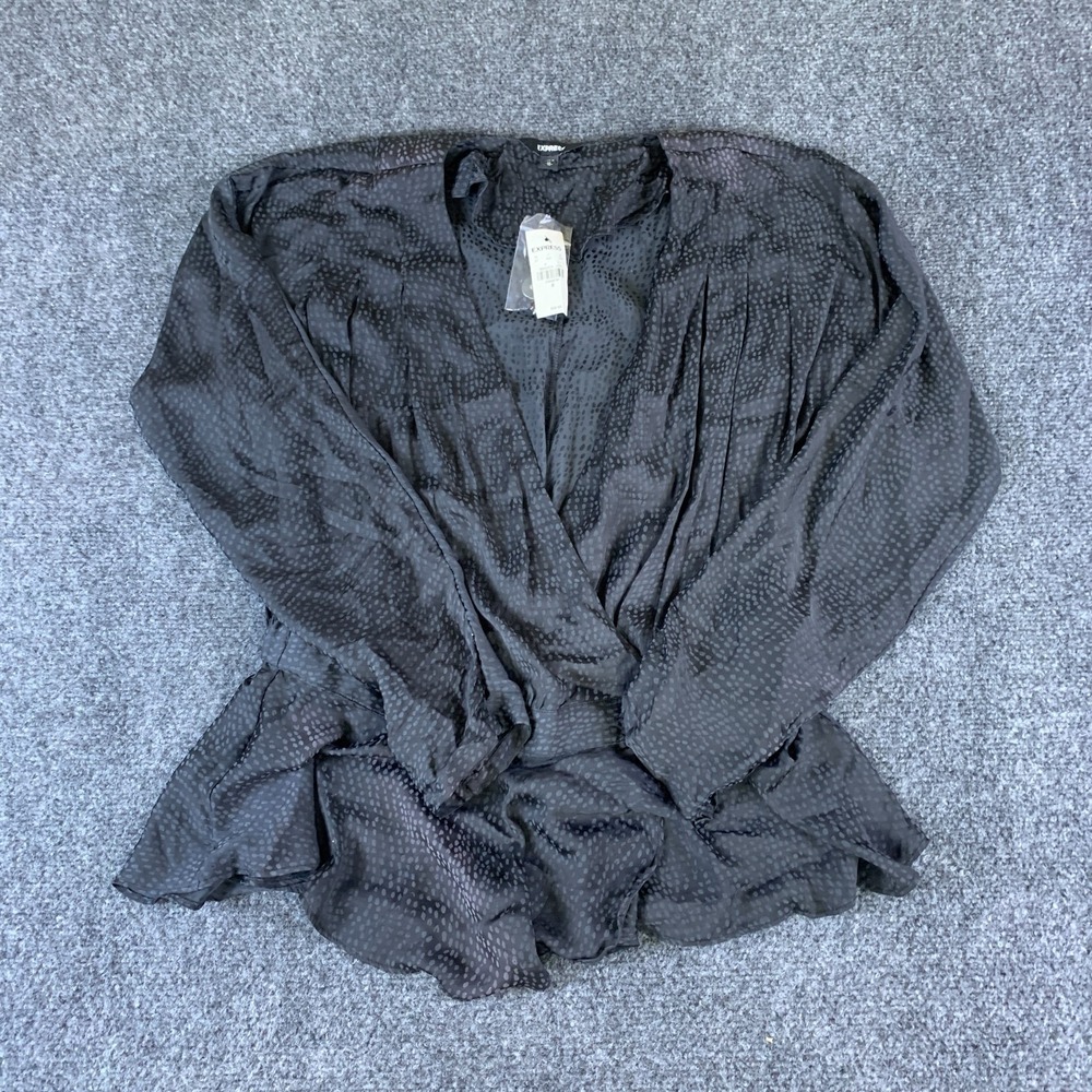 Express Blouse Top Women Medium Black Jacquard Dot Pleated Wrap Front Peplum Hem